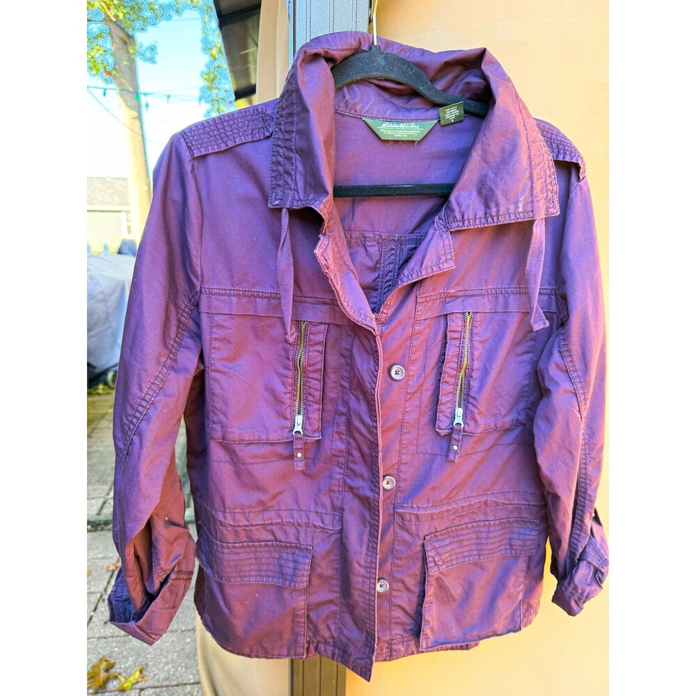 Eddie Bauer Women's Purple Cotton Canvas Zip/Button Jacket Pockets Long Sleeve L
